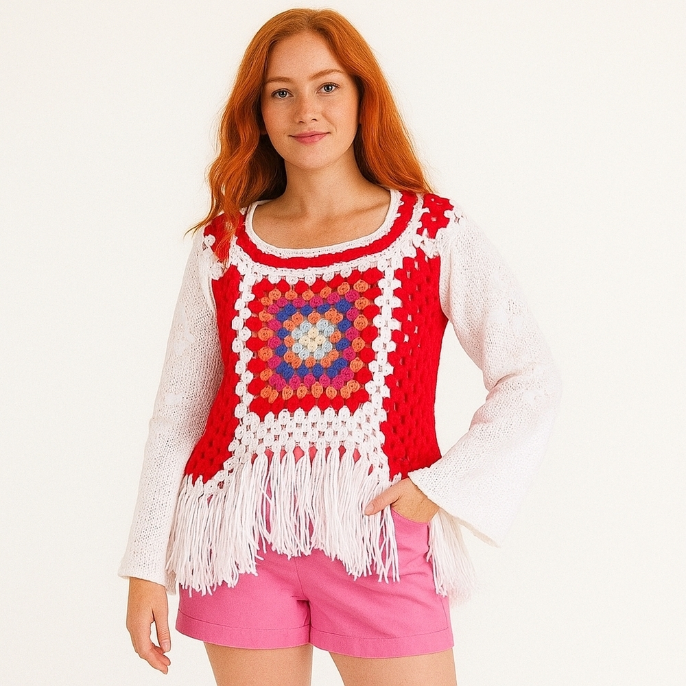 Hand Crafted Fringe White & Red Crochet Granny Square Multicolored Top Handmade